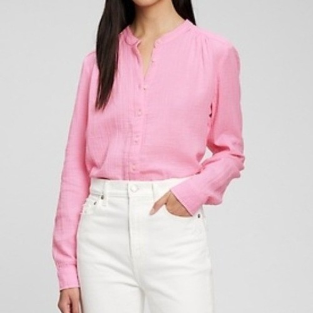 Gap Womens Crinkle Cotton Gauze long Sleeve Button-Front Shirt Pink Medium Tall